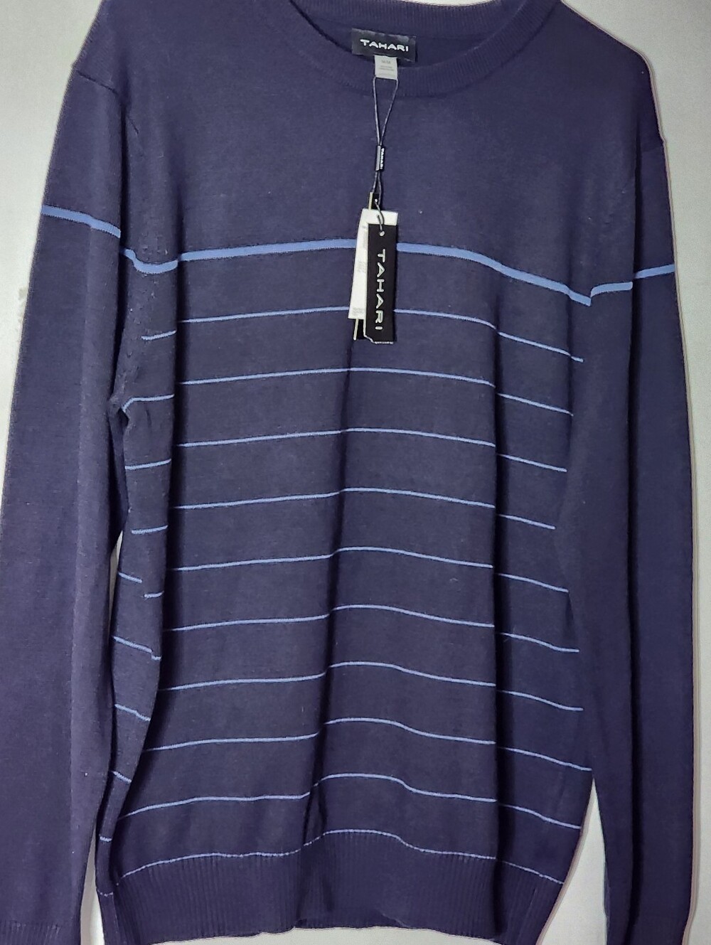 Tahari Navy Crewneck Sweater with Light Blue Stripes